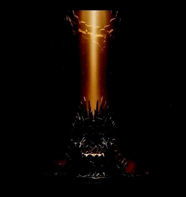 An empty obsidian throne in a ruined hall, lit by a single warm shaft