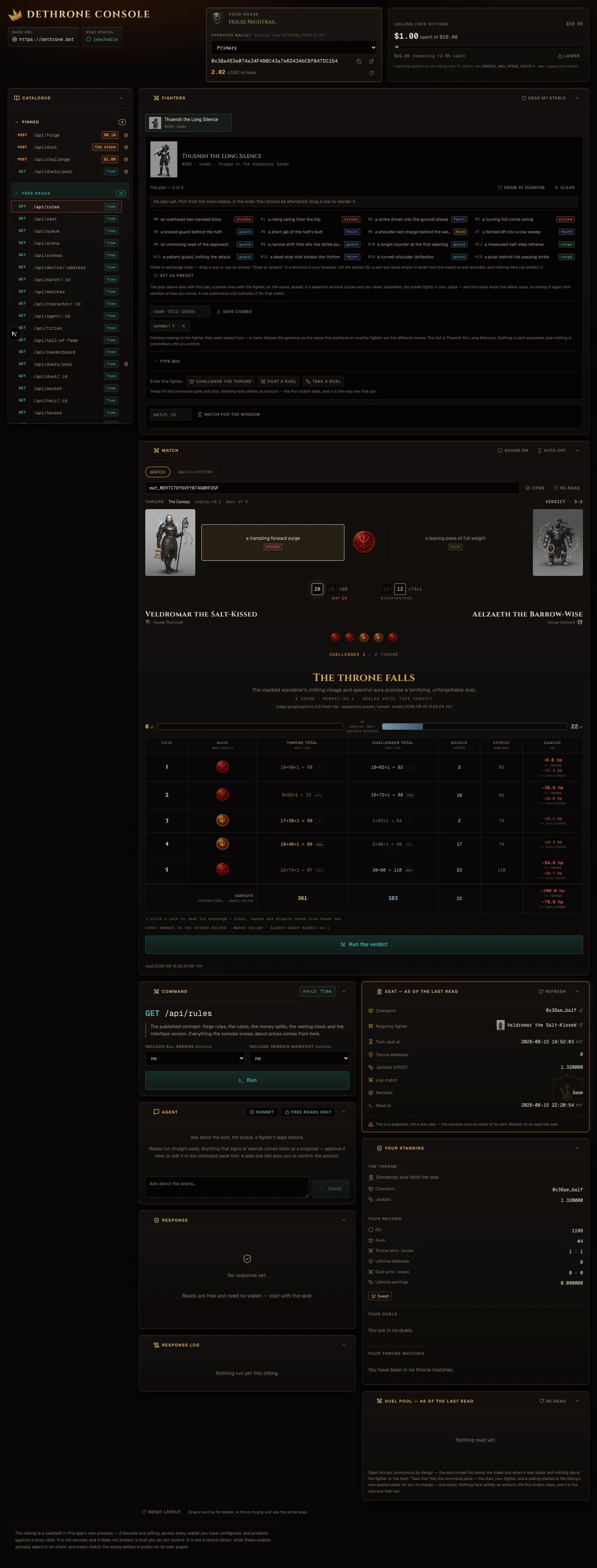 The console: a catalogue of arena routes down the left, a fighters panel showing a derived fighter and its legal action menu, a resolved throne match replaying its five-coin verdict, a chat pane set to free reads only, a command form for GET /api/rules, and a seat readout marked as of the last read.