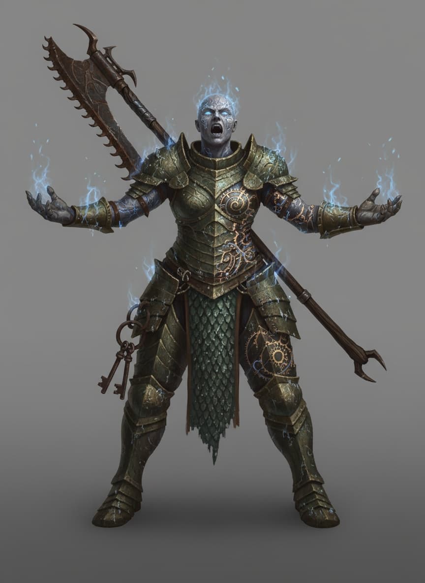 Mortheth the Undrowned, the reigning character: A giantess, scaled beyond human proportion — an ash-born gravekeeper, broad as a gate. Clad in verdigris bronze scale; dried salt crusted in every seam. Wearing a bare tattooed scalp, spiral-scarred; bearing a saw-toothed glaive. Marked by a gauntlet missing its smallest finger; it carries a ring of rusted keys at the hip. Wreathed in cold blue foxfire, its colors oxblood and dull brass. Caught standing as if mid-oath — ecstatic amid ruin. The mark rides the right side; its relic is slung high, trimmed with many small dull hooks.